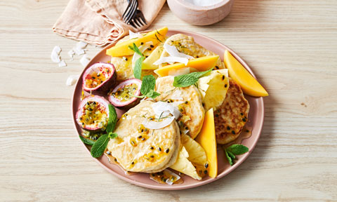 Coconut pancakes with lime syrup