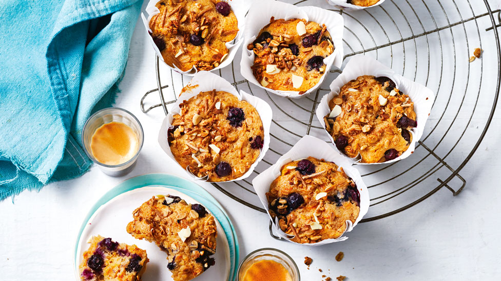 Muffins served on a cooling tray and on a small serving plate