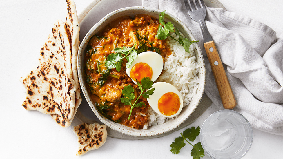 Lentil, mushroom & egg curry with rice