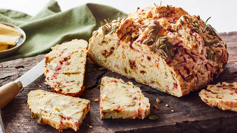 Freshly baked beetroot and pumpkin soda bread filled with veggies and savoury goodness