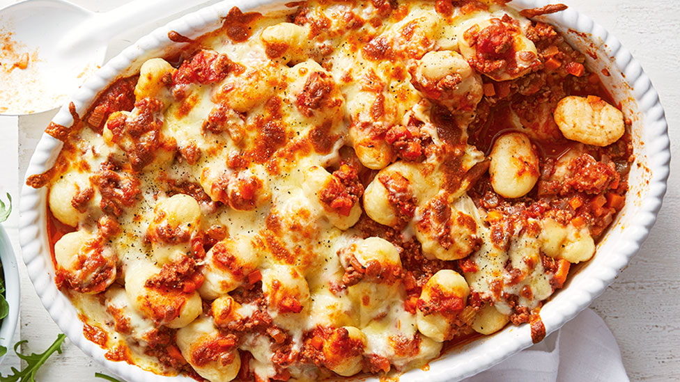 Gnocchi bolognese in a baking dish