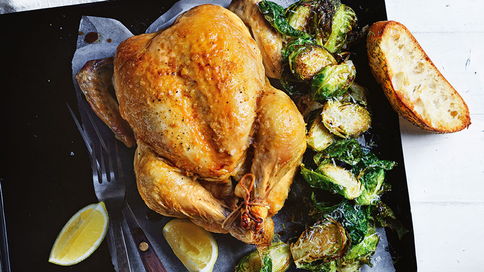 Curtis Stone's roast chicken with crispy Brussels sprouts and focaccia