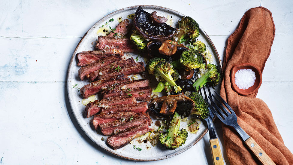 Pan-seared steak served on a plate with broccoli and mushroom