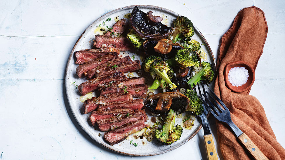 Curtis Stone's pan-seared steak with roasted mushrooms and broccoli