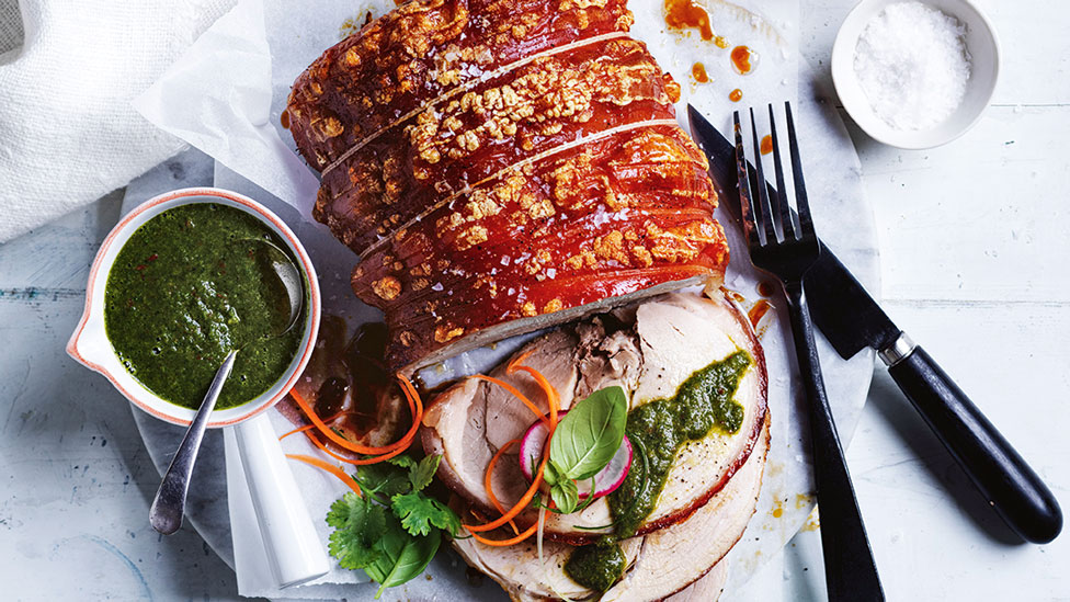 Curtis Stone's Roast pork with Thai chilli-mustard sauce and herbs