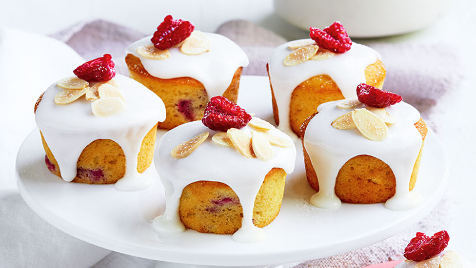 Mini Lemon and Raspberry Cakes on White Serving Plate