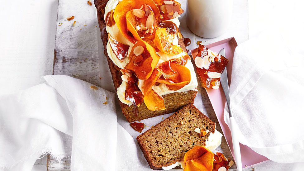 Pumpkin Spice Loaf with Almond Praline, one slice cut off