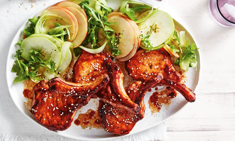 Apple salad with sticky pork chops