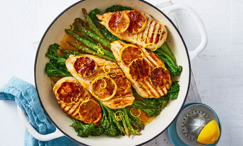 Baked lemon chicken with spring greens