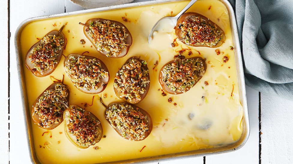 Baklava Pears with Saffron Custard in baking tray