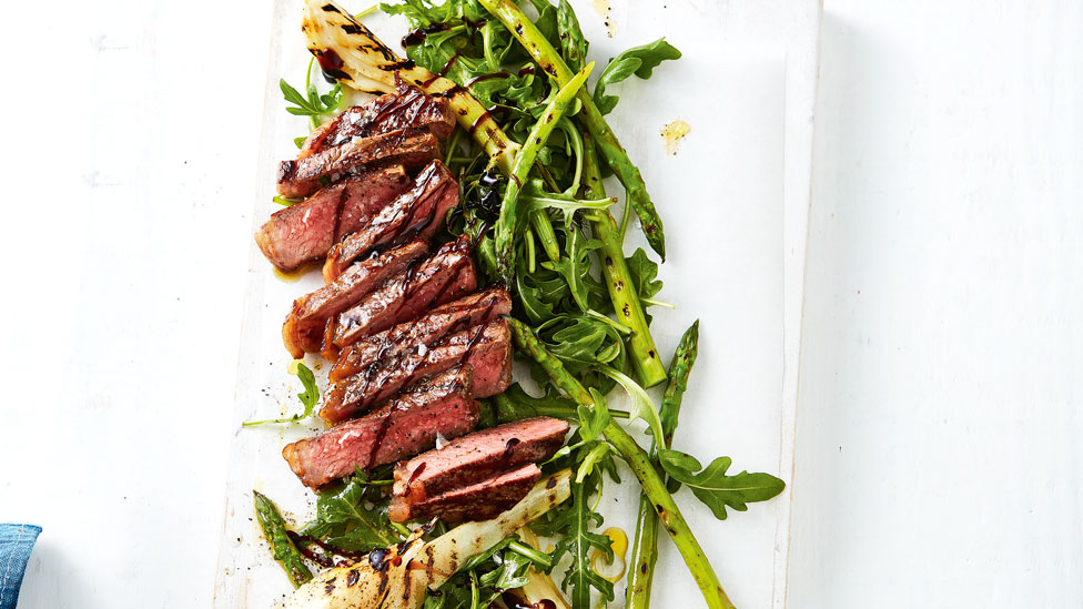 Balsamic-glazed Steak, sliced, served with Chargrilled Veggies