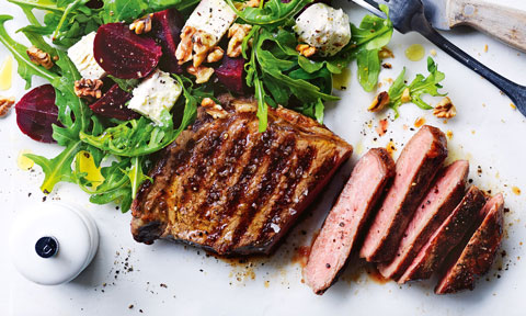 Chargrilled Steak sliced, with Beetroot, Walnut and Fetta Salad