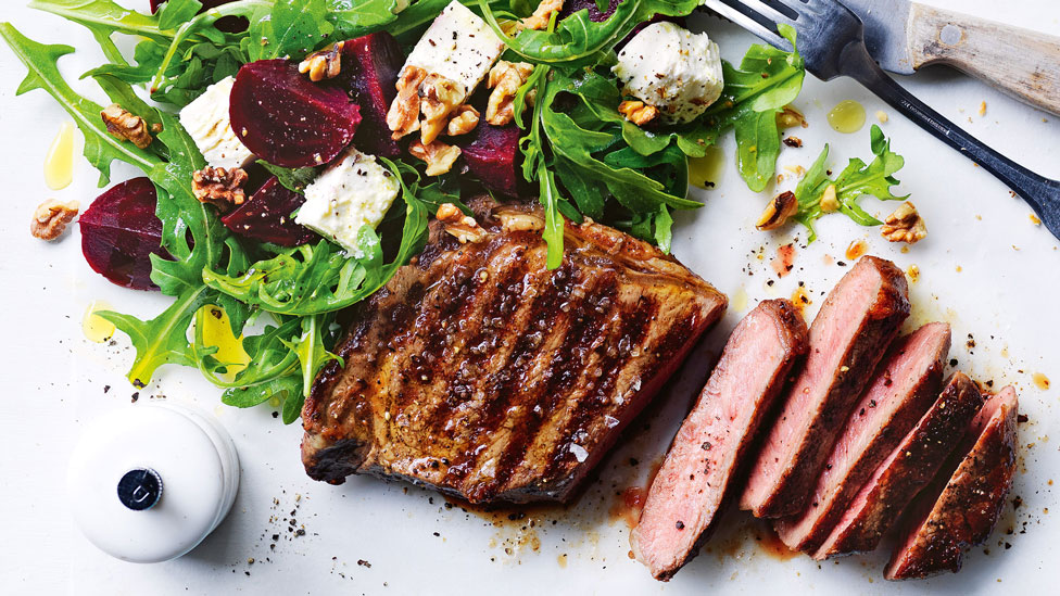 Chargrilled Steak sliced, with Beetroot, Walnut and Fetta Salad