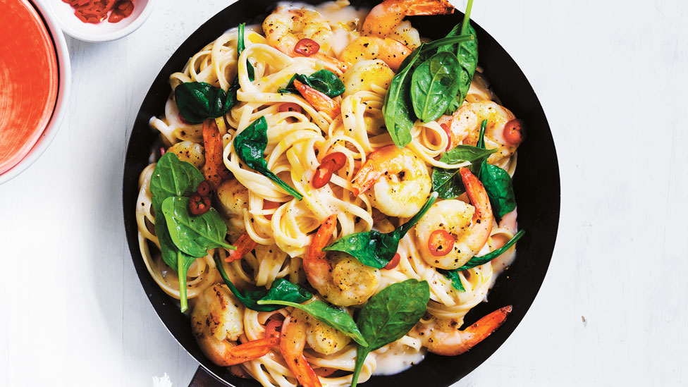 Chilli Prawn Linguine in a pan