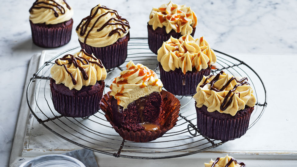 Chocolate Caramel Cupcakes on cooling tray