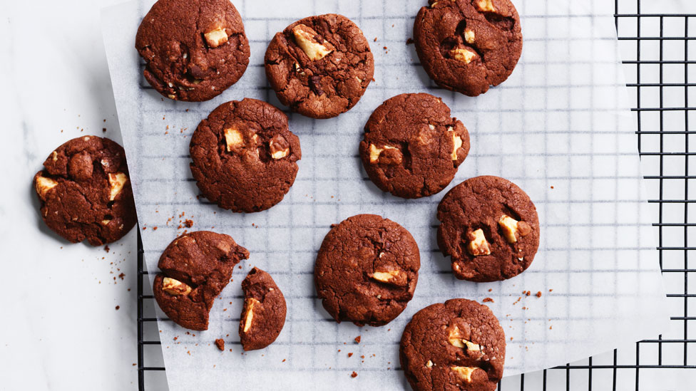 Double Choc-chip Cookies on baking paper