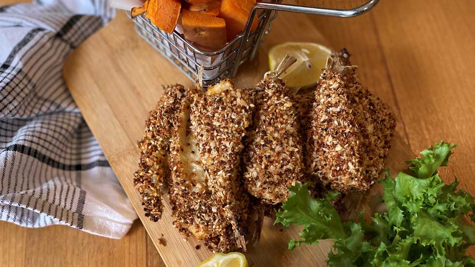 Dan and Steph's fish fingers with sweet potato wedges