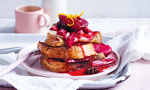 French toast with plum and rhubarb