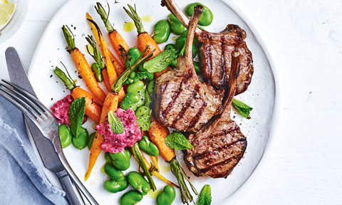 Lamb Cutlets with Carrot and Broad Bean Salad, on a plate with beetroot dip and fresh mint leaves