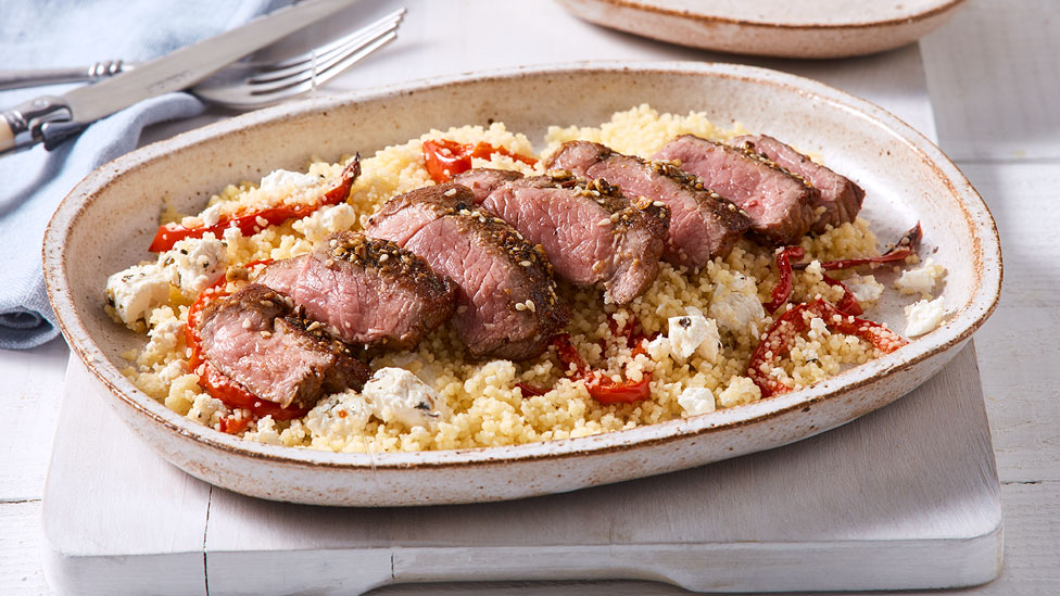 Sliced Lamb with Capsicum and Fetta Couscous in a serving tray