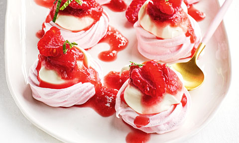 Mini Pink Pavlovas with Rhubarb and Raspberries