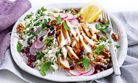 Moroccan Chicken with Cauliflower Tabouli served with yoghurt and lemon on lavender cloth
