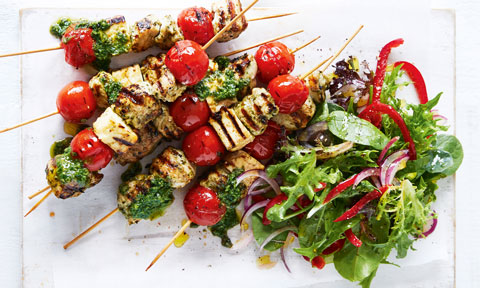 Pesto Kebabs on skewers, served with salad