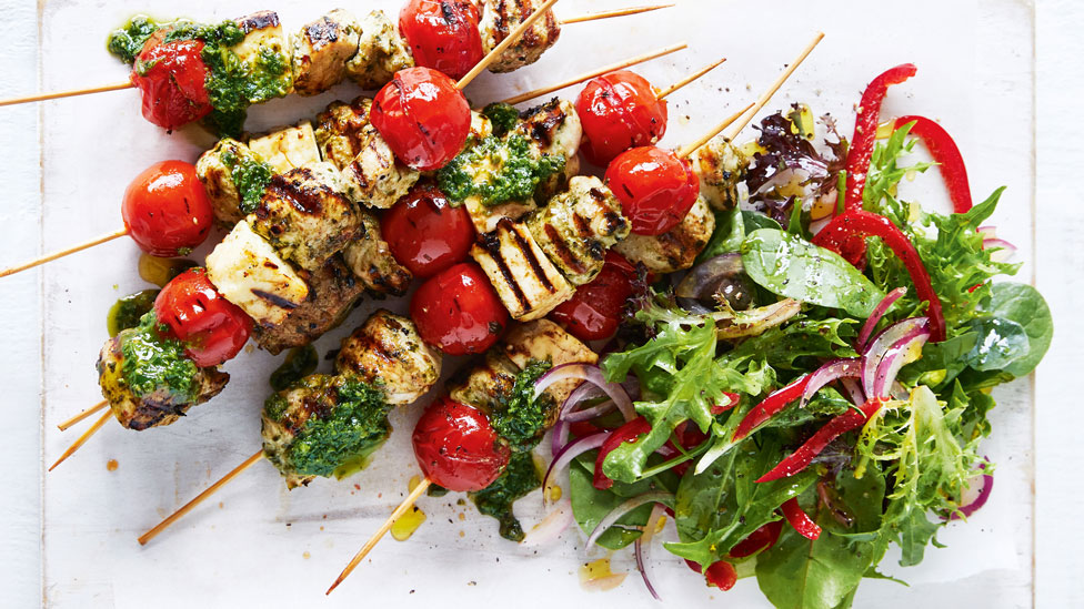 Pesto Kebabs on skewers, served with salad