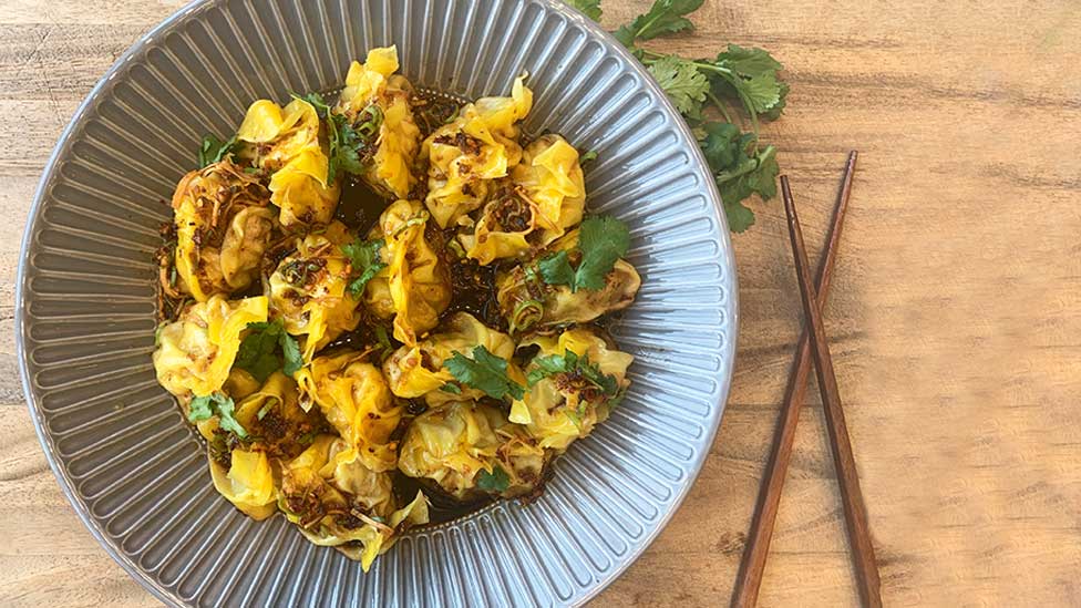 Michael Weldon's pork and prawn dumplings with spicy dipping sauce