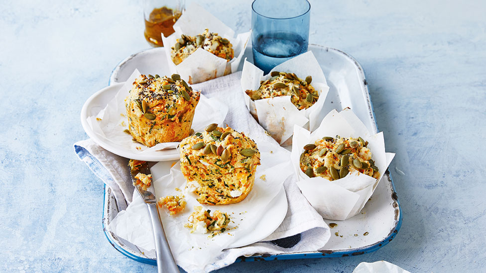 Pumpkin, Spinach and Fetta Muffins in baking tray