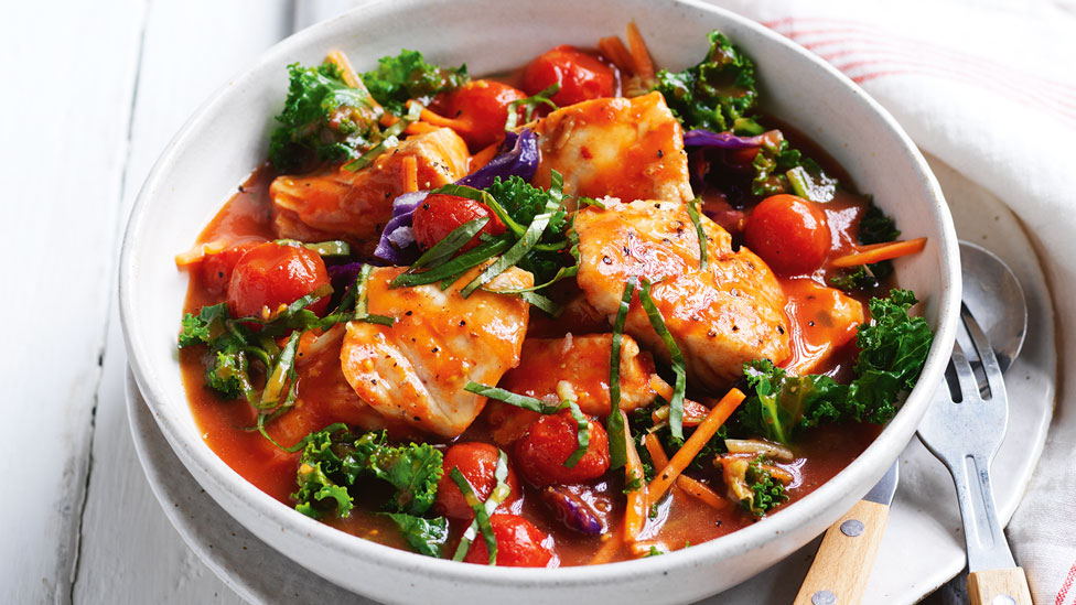 Quick Tomato and Fish Casserole in roasting pan