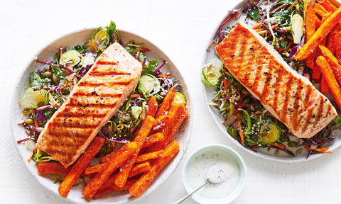 Salmon with kale and brussels sprout slaw