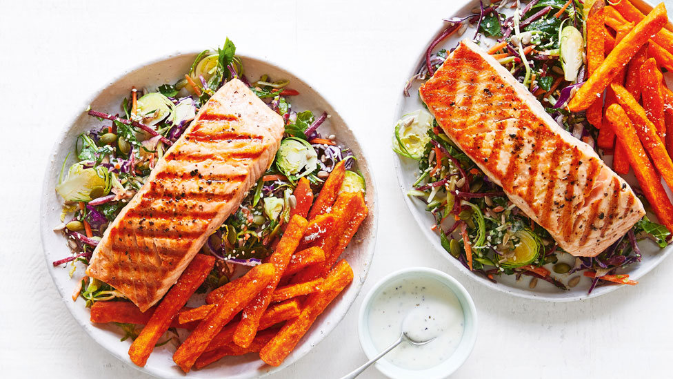 Salmon with kale and brussels sprout slaw