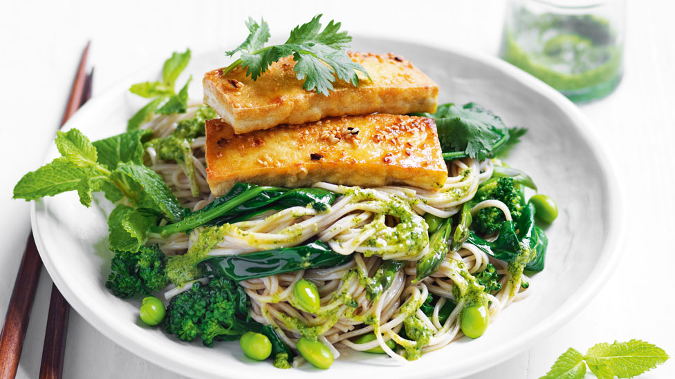 Sesame Tofu with Soba Noodles and Coriander Pesto on white plate