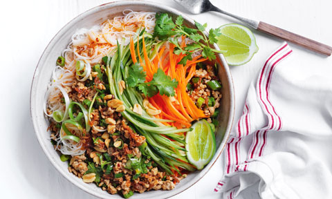 Spicy pork noodle bowl topped with lime wedges, coriander sprigs, carrot and spring onions