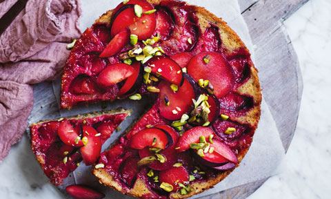 Upside-down Plum, Pistachio and Cardamom Cake