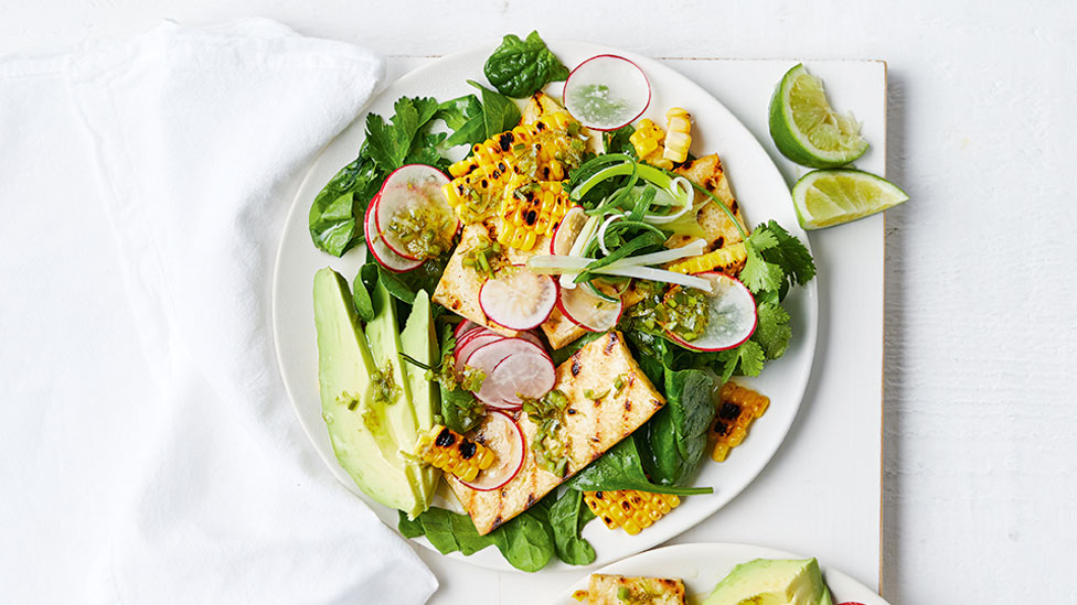 Chilli and lime tofu with corn salad with avocado