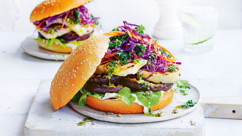 Two haloumi burgers with eggplant and pesto