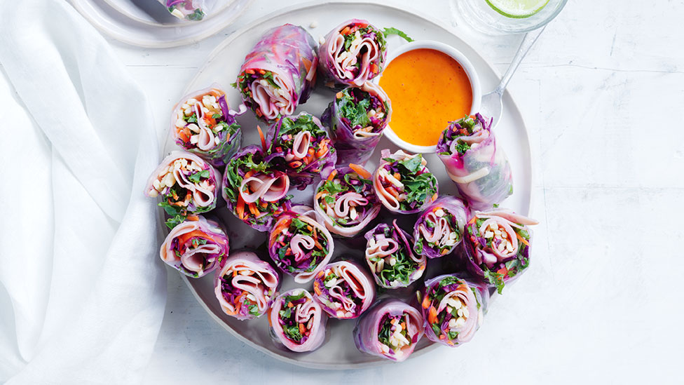 20 ham and kaleslaw rice paper rolls with mayonnaise