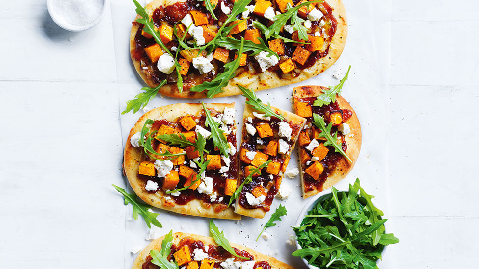 Pumpkin, caramelised onion and fetta flatbread 