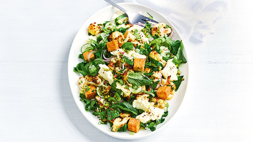 Roasted cauliflower and tempeh salad with vegetables