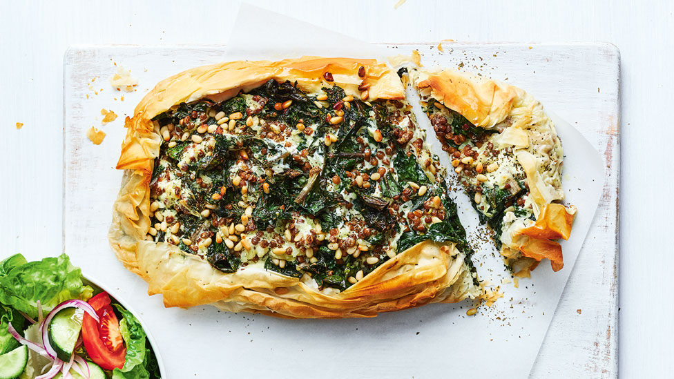 Silverbeet and lentil pie with salad