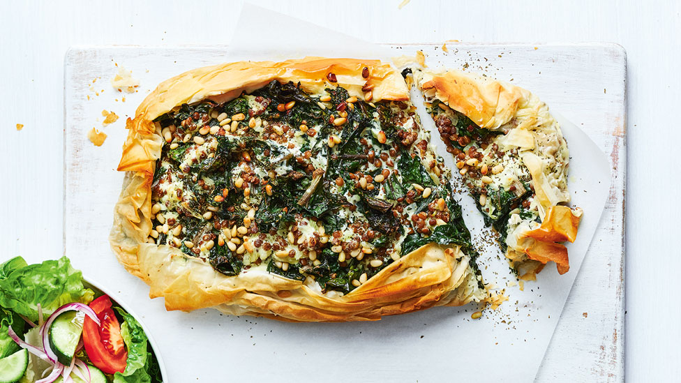 Silverbeet and lentil pie with salad