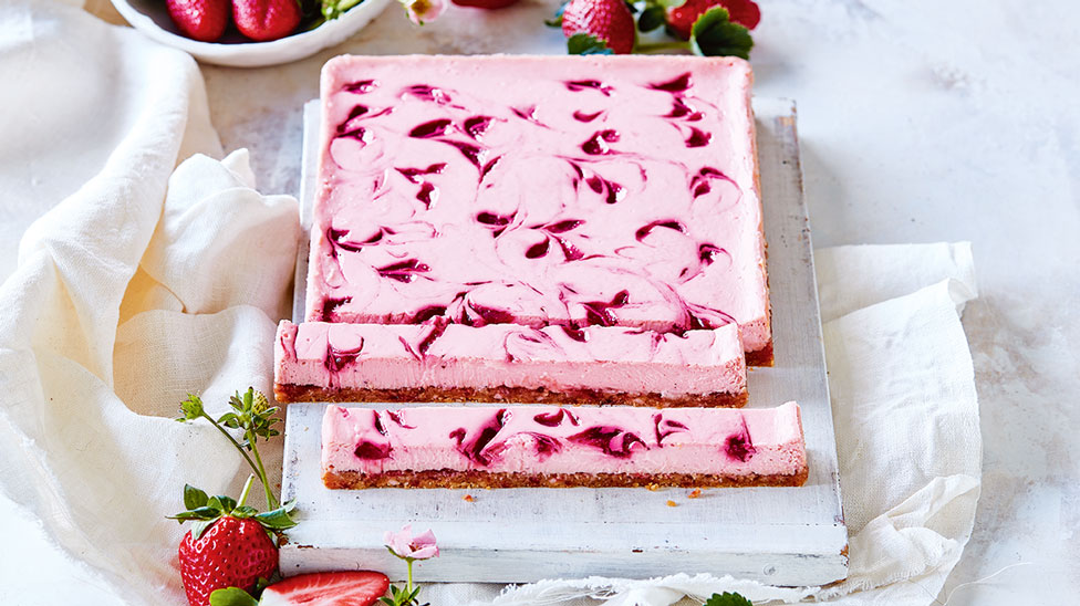 A strawberry Iced Vovo slice cut into pieces