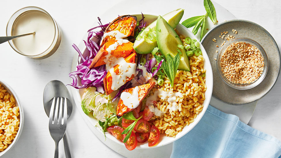 Roasted sweet potato salad bowl with mayonnaise