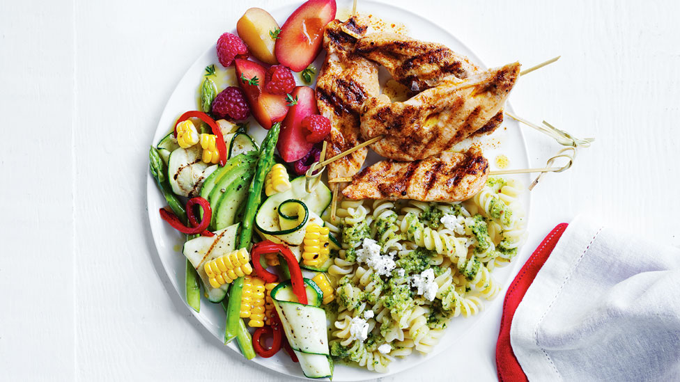 Chicken skewers with summer salad platter