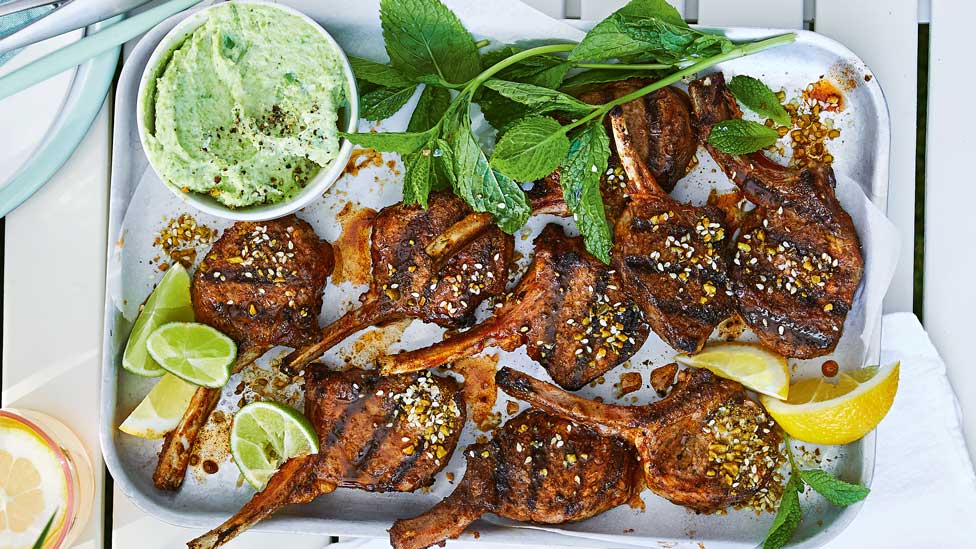 Nine spiced lamb cutlets with broad bean and ricotta dip