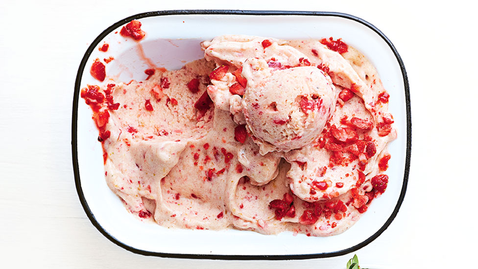 Banana and strawberry vegan ice cream in a baking tray