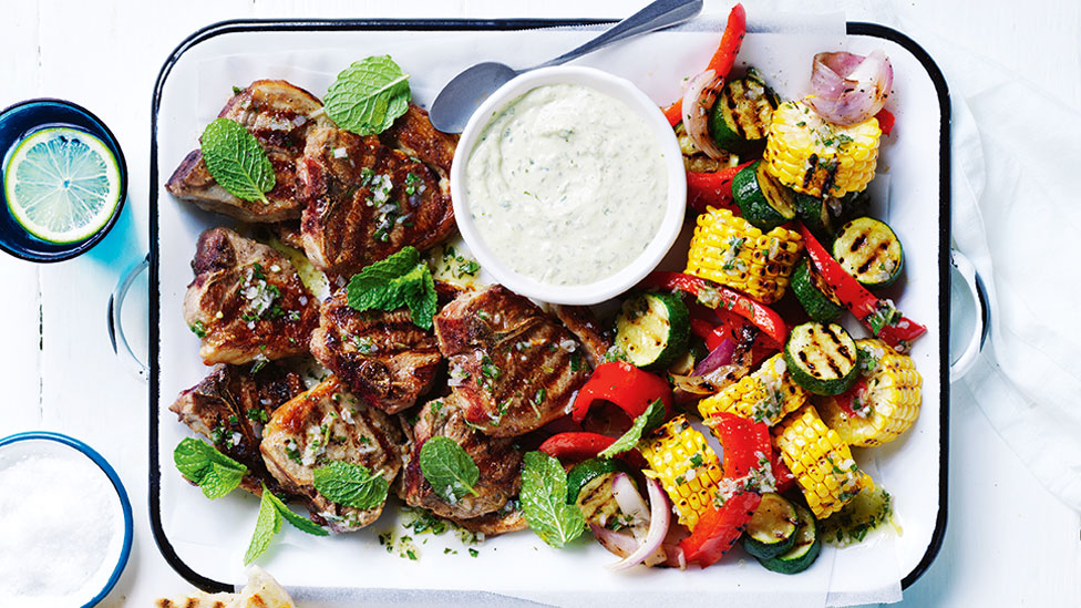 BBQ lamb chops with charred corn and tahini sauce