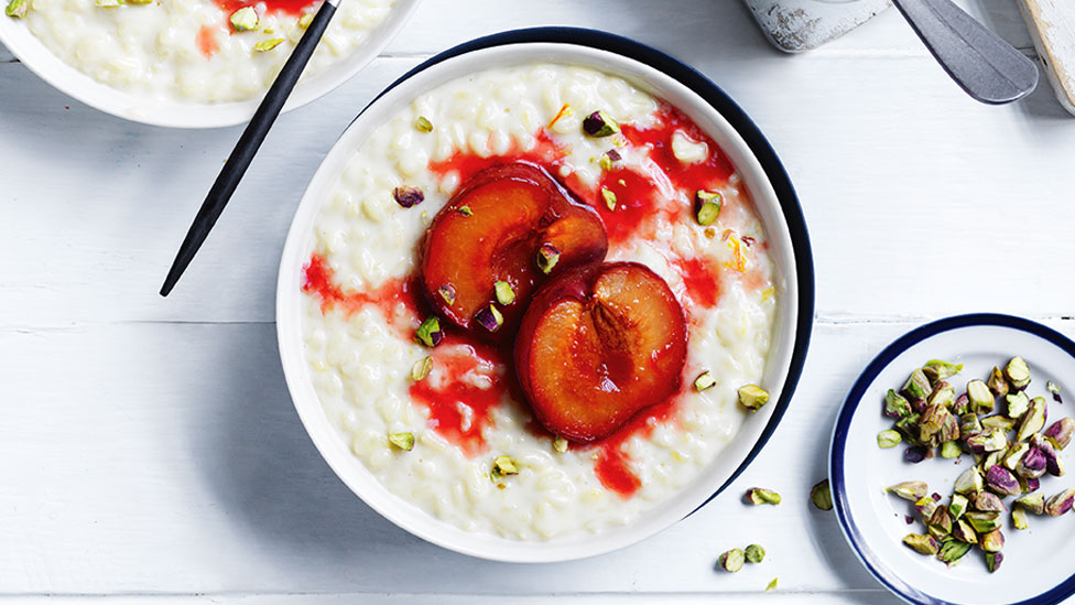 Rice pudding bowl with spiced plums